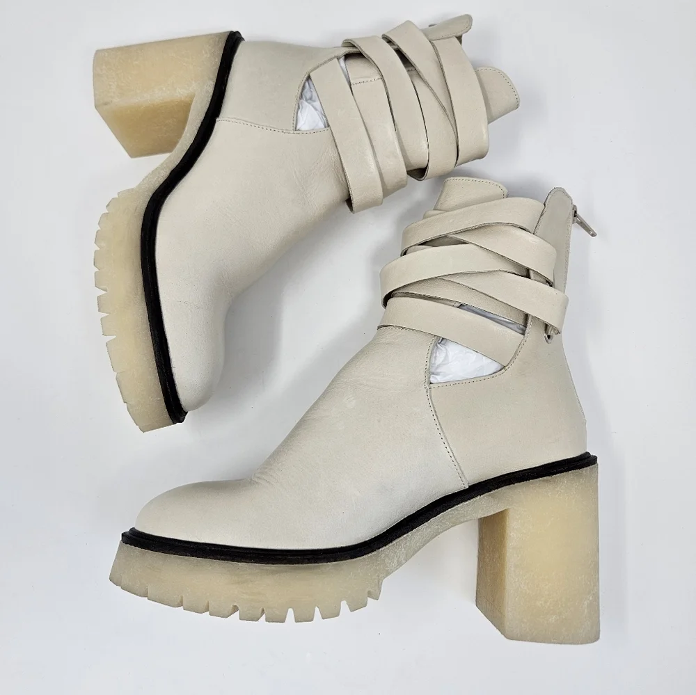Free People Jesse Cut-Out Ivory Leather Platform Ankle Boots Sz 8 & 9 Boho - Picture 8 of 16